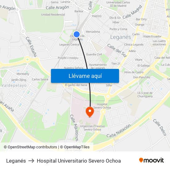 Leganés to Hospital Universitario Severo Ochoa map