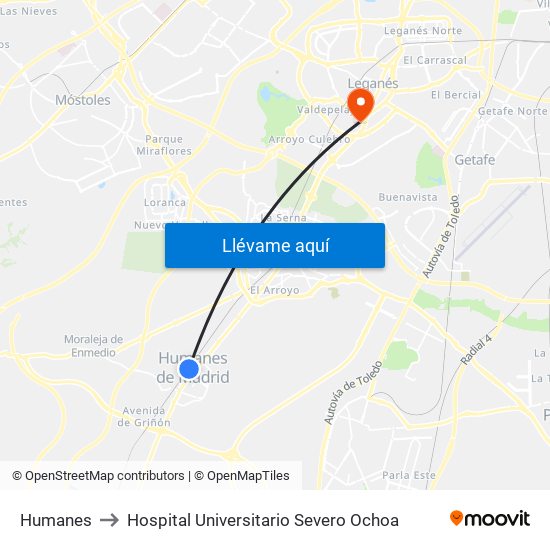 Humanes to Hospital Universitario Severo Ochoa map