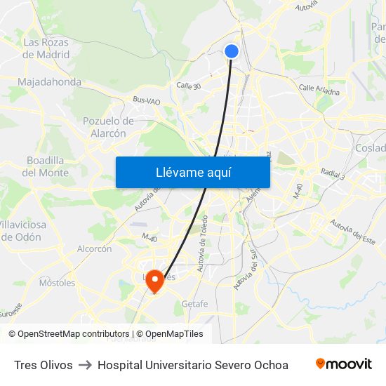 Tres Olivos to Hospital Universitario Severo Ochoa map