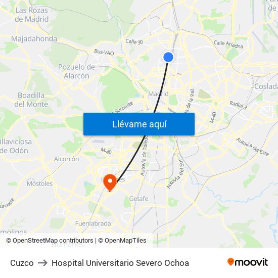 Cuzco to Hospital Universitario Severo Ochoa map