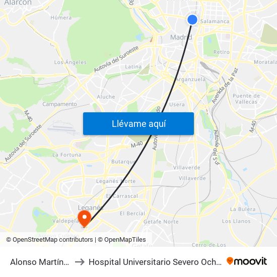 Alonso Martínez to Hospital Universitario Severo Ochoa map