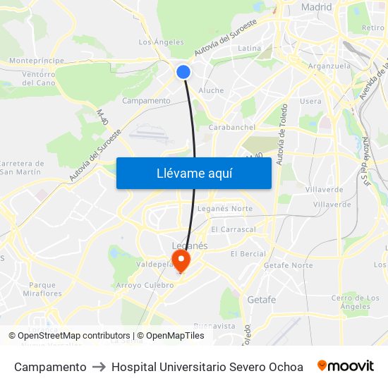 Campamento to Hospital Universitario Severo Ochoa map