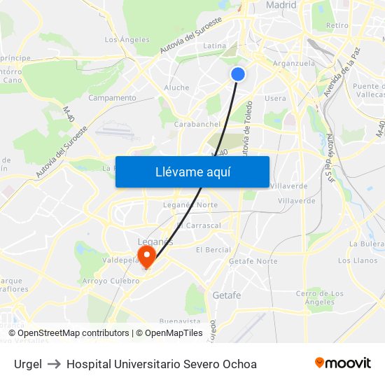 Urgel to Hospital Universitario Severo Ochoa map