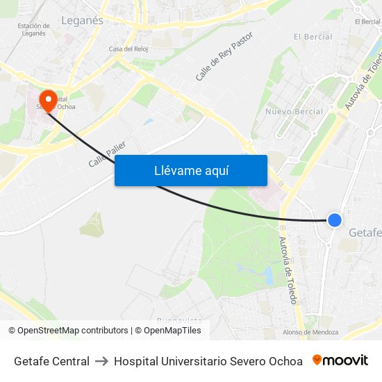Getafe Central to Hospital Universitario Severo Ochoa map