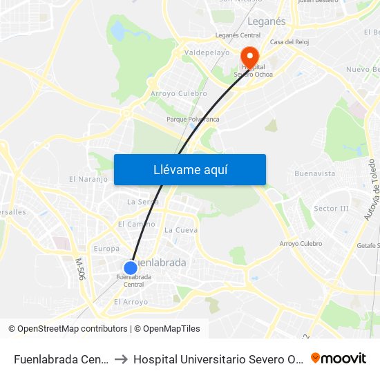 Fuenlabrada Central to Hospital Universitario Severo Ochoa map