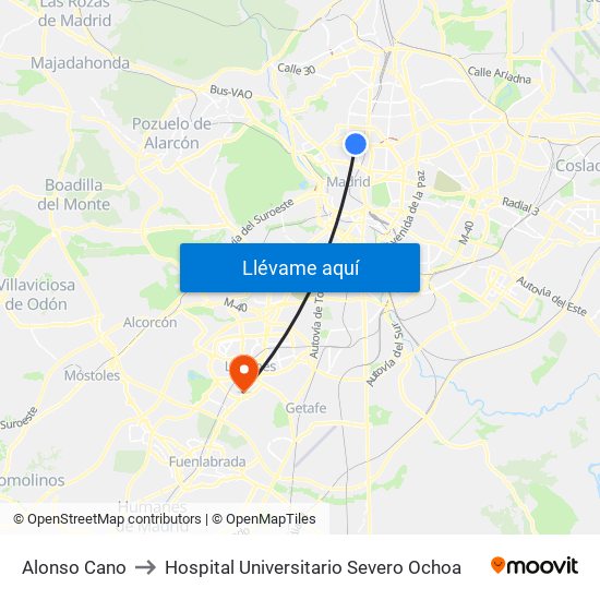 Alonso Cano to Hospital Universitario Severo Ochoa map