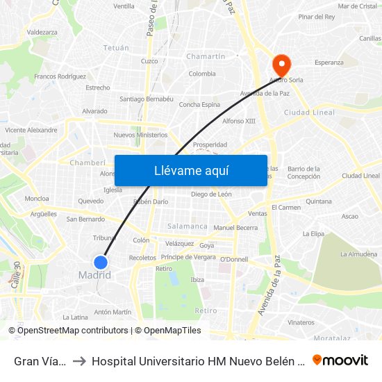 Gran Vía - Montera to Hospital Universitario HM Nuevo Belén (Clínica Maternidad Ntra. Sra. Belén) map