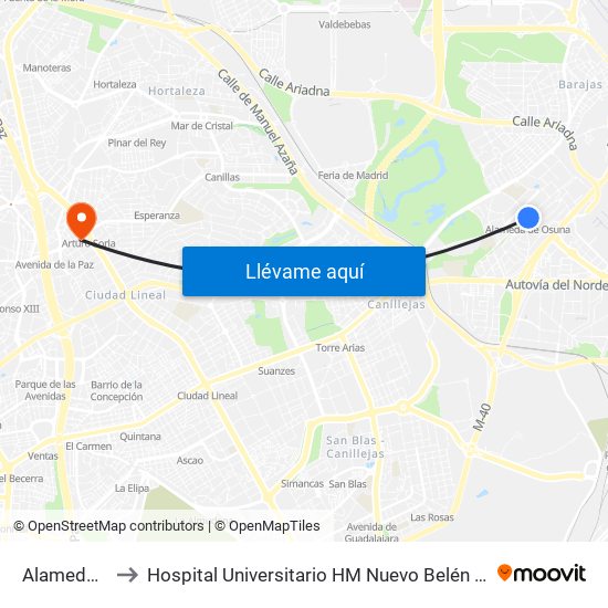 Alameda De Osuna to Hospital Universitario HM Nuevo Belén (Clínica Maternidad Ntra. Sra. Belén) map