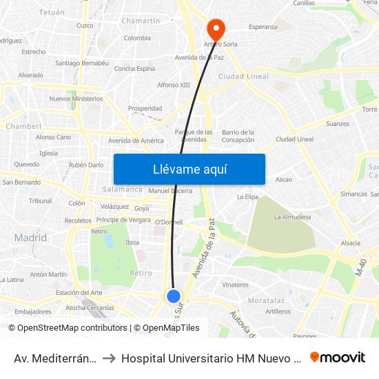 Av. Mediterráneo - Conde De Casal to Hospital Universitario HM Nuevo Belén (Clínica Maternidad Ntra. Sra. Belén) map