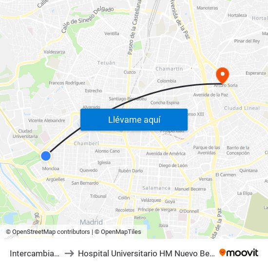 Intercambiador De Moncloa to Hospital Universitario HM Nuevo Belén (Clínica Maternidad Ntra. Sra. Belén) map