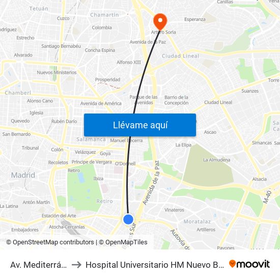 Av. Mediterráneo - Conde Casal to Hospital Universitario HM Nuevo Belén (Clínica Maternidad Ntra. Sra. Belén) map