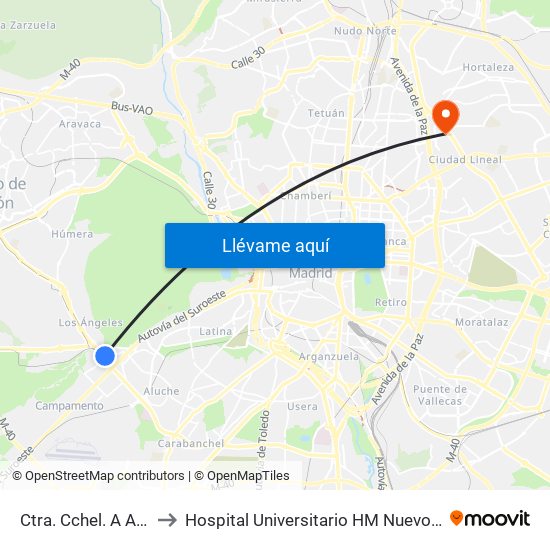 Ctra. Cchel. A Aravaca - Colonia Jardín to Hospital Universitario HM Nuevo Belén (Clínica Maternidad Ntra. Sra. Belén) map