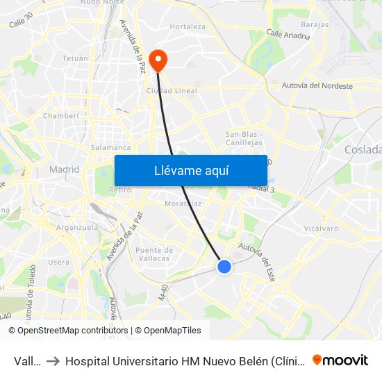 Vallecas to Hospital Universitario HM Nuevo Belén (Clínica Maternidad Ntra. Sra. Belén) map