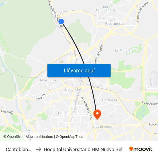Cantoblanco Universidad to Hospital Universitario HM Nuevo Belén (Clínica Maternidad Ntra. Sra. Belén) map