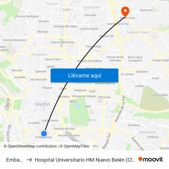 Embajadores to Hospital Universitario HM Nuevo Belén (Clínica Maternidad Ntra. Sra. Belén) map