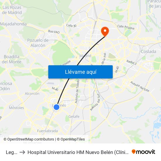 Leganés to Hospital Universitario HM Nuevo Belén (Clínica Maternidad Ntra. Sra. Belén) map