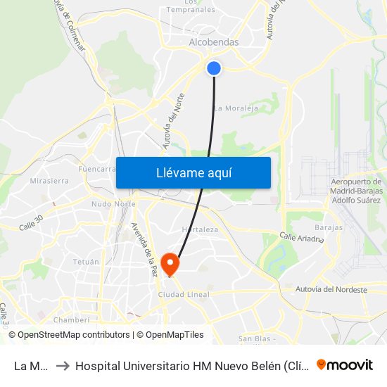 La Moraleja to Hospital Universitario HM Nuevo Belén (Clínica Maternidad Ntra. Sra. Belén) map