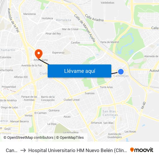 Canillejas to Hospital Universitario HM Nuevo Belén (Clínica Maternidad Ntra. Sra. Belén) map
