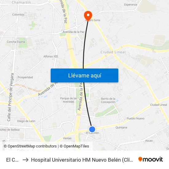 El Carmen to Hospital Universitario HM Nuevo Belén (Clínica Maternidad Ntra. Sra. Belén) map