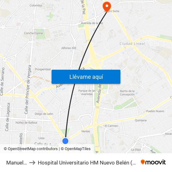 Manuel Becerra to Hospital Universitario HM Nuevo Belén (Clínica Maternidad Ntra. Sra. Belén) map