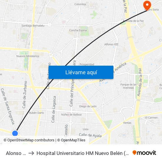 Alonso Martínez to Hospital Universitario HM Nuevo Belén (Clínica Maternidad Ntra. Sra. Belén) map
