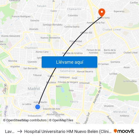 Lavapiés to Hospital Universitario HM Nuevo Belén (Clínica Maternidad Ntra. Sra. Belén) map