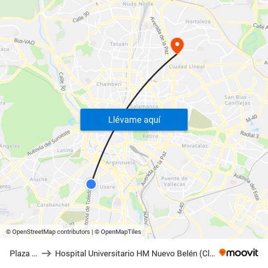 Plaza Elíptica to Hospital Universitario HM Nuevo Belén (Clínica Maternidad Ntra. Sra. Belén) map