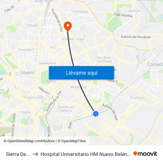 Sierra De Guadalupe to Hospital Universitario HM Nuevo Belén (Clínica Maternidad Ntra. Sra. Belén) map