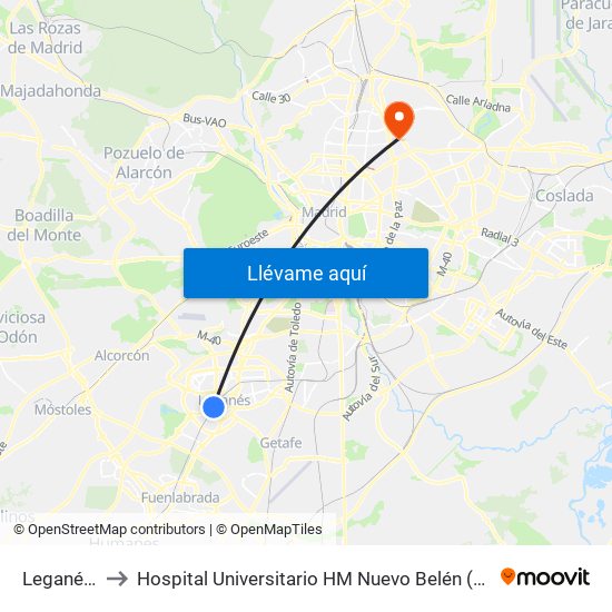 Leganés Central to Hospital Universitario HM Nuevo Belén (Clínica Maternidad Ntra. Sra. Belén) map