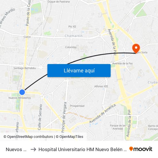 Nuevos Ministerios to Hospital Universitario HM Nuevo Belén (Clínica Maternidad Ntra. Sra. Belén) map