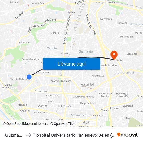 Guzmán El Bueno to Hospital Universitario HM Nuevo Belén (Clínica Maternidad Ntra. Sra. Belén) map