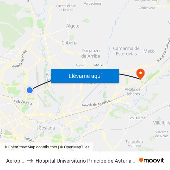 Aeropuerto T4 to Hospital Universitario Príncipe de Asturias (Hospital Univ. Príncipe de Asturias) map