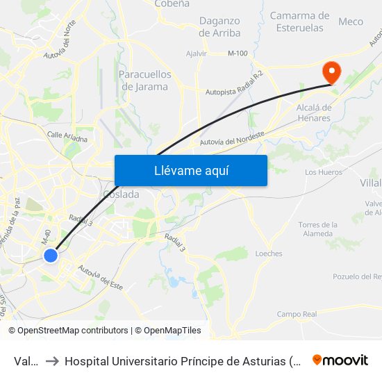 Vallecas to Hospital Universitario Príncipe de Asturias (Hospital Univ. Príncipe de Asturias) map