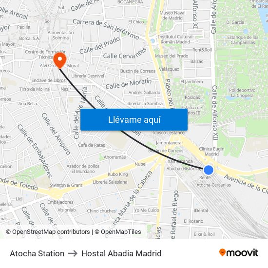 Atocha Station to Hostal Abadia Madrid map