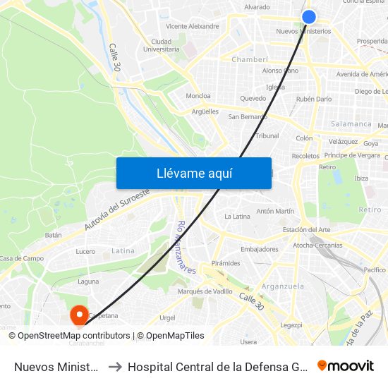 Nuevos Ministerios - Centro Comercial to Hospital Central de la Defensa Gomez Ulla (Hosp. Ctl. de la Defensa Gómez Ulla) map