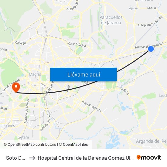 Soto Del Henares to Hospital Central de la Defensa Gomez Ulla (Hosp. Ctl. de la Defensa Gómez Ulla) map
