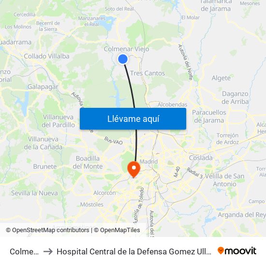 Colmenar Viejo to Hospital Central de la Defensa Gomez Ulla (Hosp. Ctl. de la Defensa Gómez Ulla) map