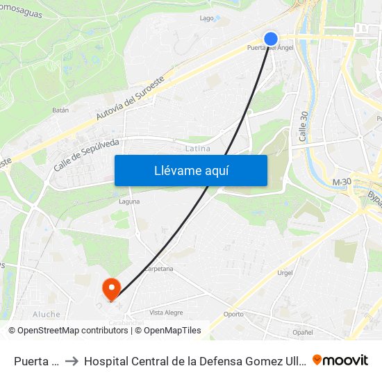 Puerta Del Ángel to Hospital Central de la Defensa Gomez Ulla (Hosp. Ctl. de la Defensa Gómez Ulla) map