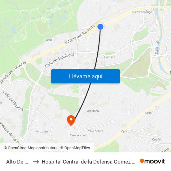 Alto De Extremadura to Hospital Central de la Defensa Gomez Ulla (Hosp. Ctl. de la Defensa Gómez Ulla) map