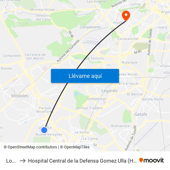 Loranca to Hospital Central de la Defensa Gomez Ulla (Hosp. Ctl. de la Defensa Gómez Ulla) map