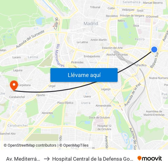 Av. Mediterráneo - Conde De Casal to Hospital Central de la Defensa Gomez Ulla (Hosp. Ctl. de la Defensa Gómez Ulla) map