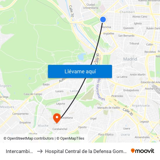 Intercambiador De Moncloa to Hospital Central de la Defensa Gomez Ulla (Hosp. Ctl. de la Defensa Gómez Ulla) map