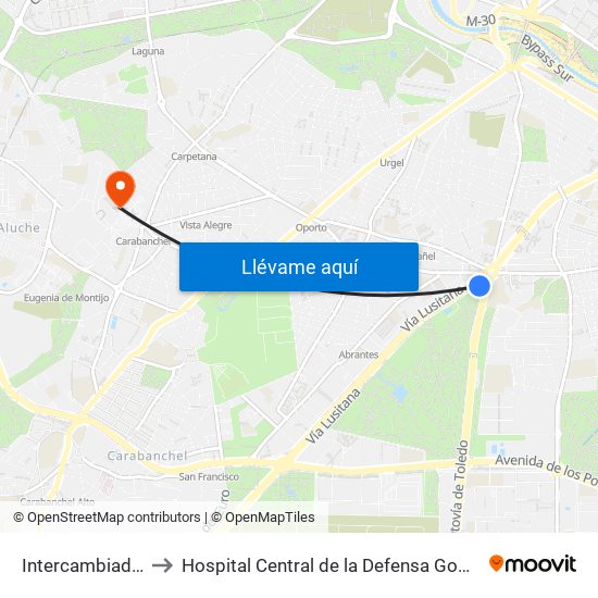 Intercambiador De Plaza Elíptica to Hospital Central de la Defensa Gomez Ulla (Hosp. Ctl. de la Defensa Gómez Ulla) map