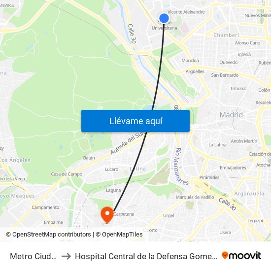 Metro Ciudad Universitaria to Hospital Central de la Defensa Gomez Ulla (Hosp. Ctl. de la Defensa Gómez Ulla) map