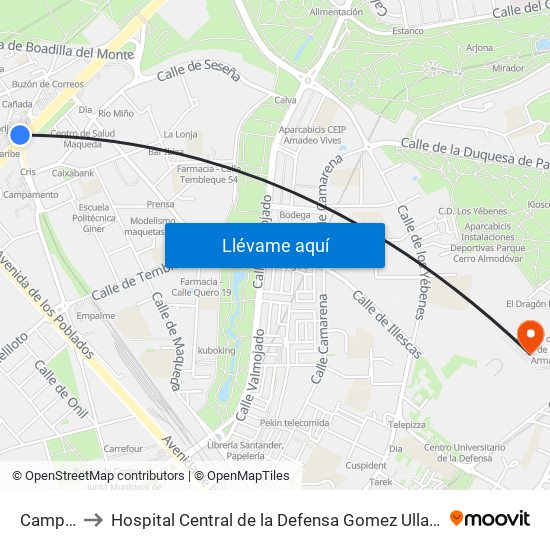 Campamento to Hospital Central de la Defensa Gomez Ulla (Hosp. Ctl. de la Defensa Gómez Ulla) map