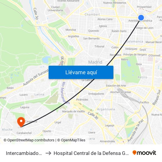 Intercambiador De Avenida De América to Hospital Central de la Defensa Gomez Ulla (Hosp. Ctl. de la Defensa Gómez Ulla) map