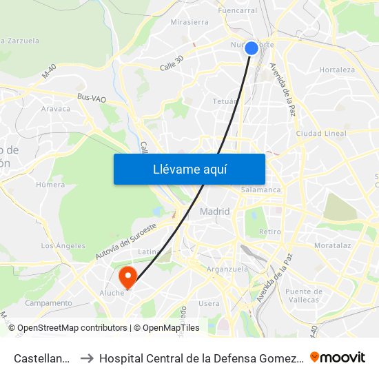 Castellana - Nudo Norte to Hospital Central de la Defensa Gomez Ulla (Hosp. Ctl. de la Defensa Gómez Ulla) map