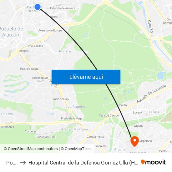 Pozuelo to Hospital Central de la Defensa Gomez Ulla (Hosp. Ctl. de la Defensa Gómez Ulla) map