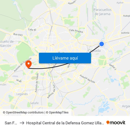 San Fernando to Hospital Central de la Defensa Gomez Ulla (Hosp. Ctl. de la Defensa Gómez Ulla) map