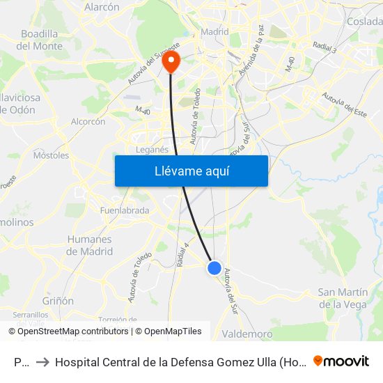 Pinto to Hospital Central de la Defensa Gomez Ulla (Hosp. Ctl. de la Defensa Gómez Ulla) map